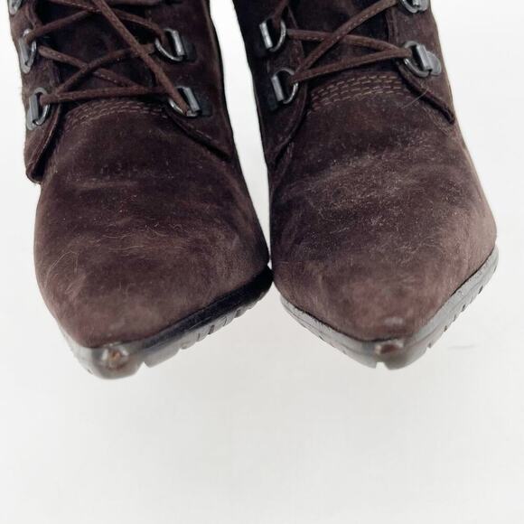 Manolo Blahnik y2k Oklamod Brown Suede Fur Trim Lace Up Heeled Boot Bootie IT 36 - Picture 6 of 13